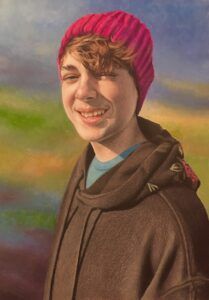 painting of a guy in a magenta hat